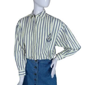 Vintage 90s Catalina Button Down Shirt Size M Striped Green and Blue Long Sleeve